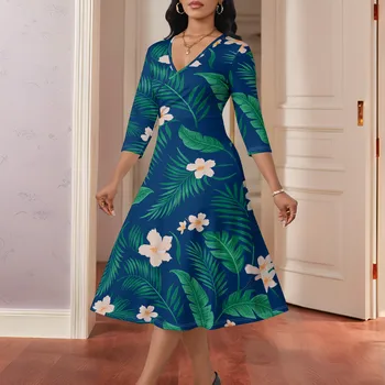 Abito casual a trapezio con scollo a V e maniche a 3/4 Taglie forti Abiti midi formali eleganti per le donne Abito estivo da cocktail party con tasche 1