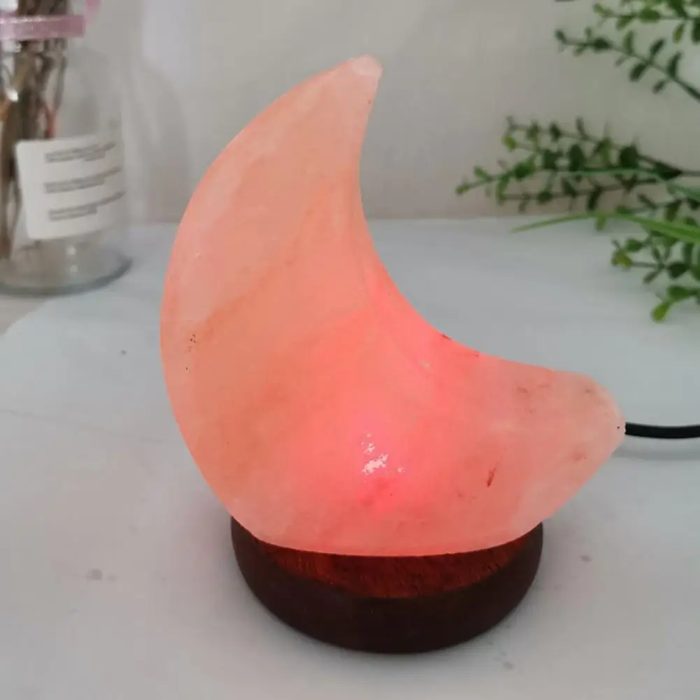 

USB Night Light Moon Shape Color Changing Illumination Decorative LED Faux Crystal Salt Lamp with Wooden Base for Home