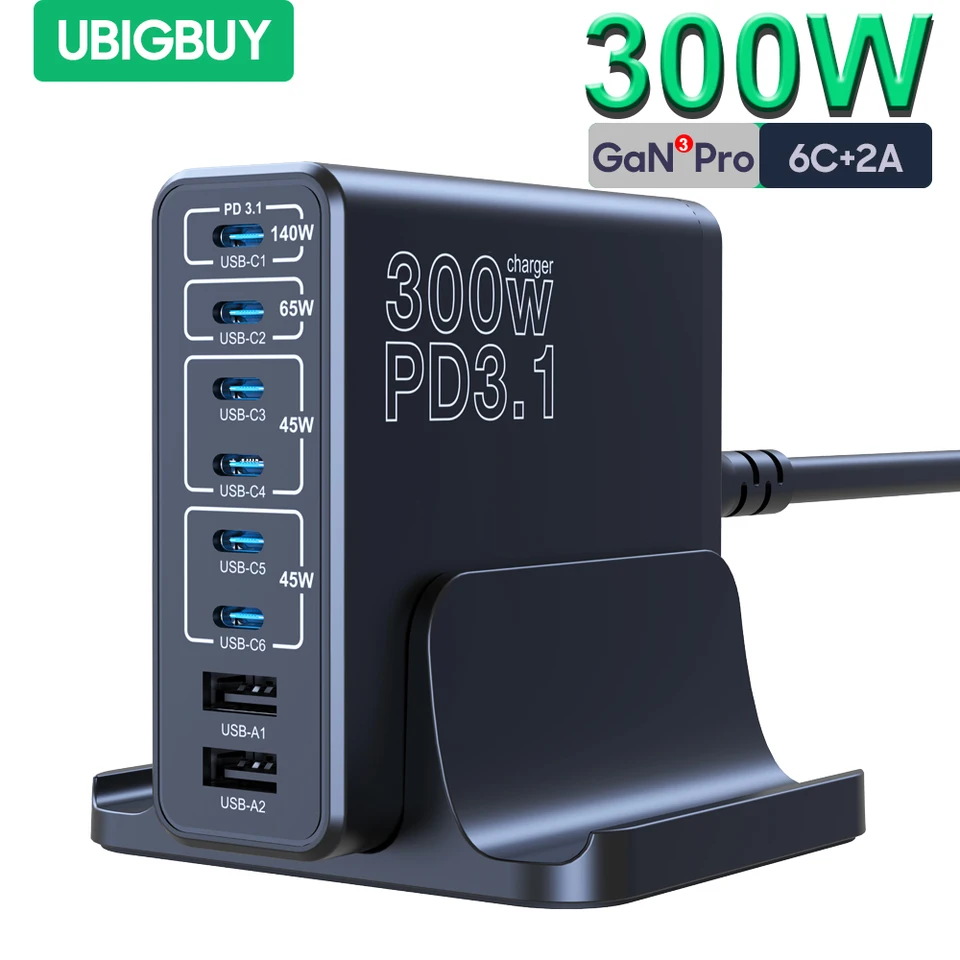 Ubigbuy 300W USB C 급속 충전기 다중 포트 GaN 140W PD 3.1 충전소 PPS 100W 45W MacBook Pro M2 iPhone 15 14 Samsung Galaxy용 Ubigbuy 300W USB C 급속 충전기 다중 포트 GaN 140W PD 3.1 충전소 PPS 100W 45W MacBook Pro M2 iPhone 15 14 Samsung Galaxy용