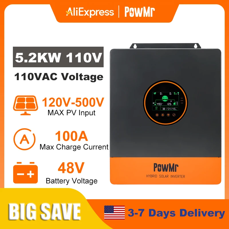 PowMr 5KW Split Phase Inverter 48V 110V Off Grid Pure Sine Wave Hybrid ...
