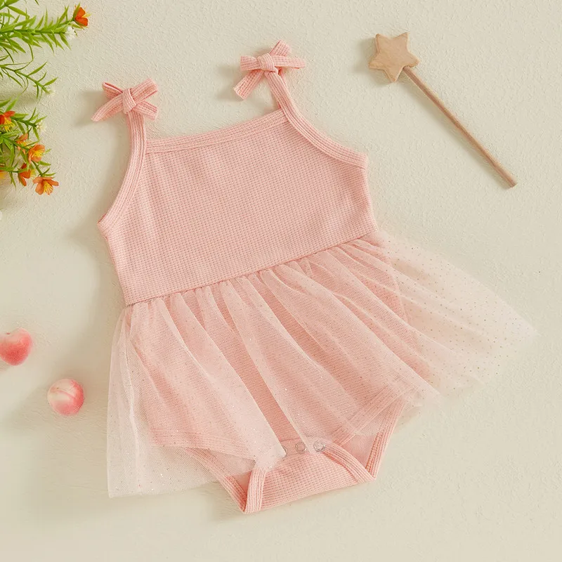 

Baby Girls Romper Mesh Sequins Dress Summer Adorable Lacing Strap Sleeveless Square Neck Jumpsuit