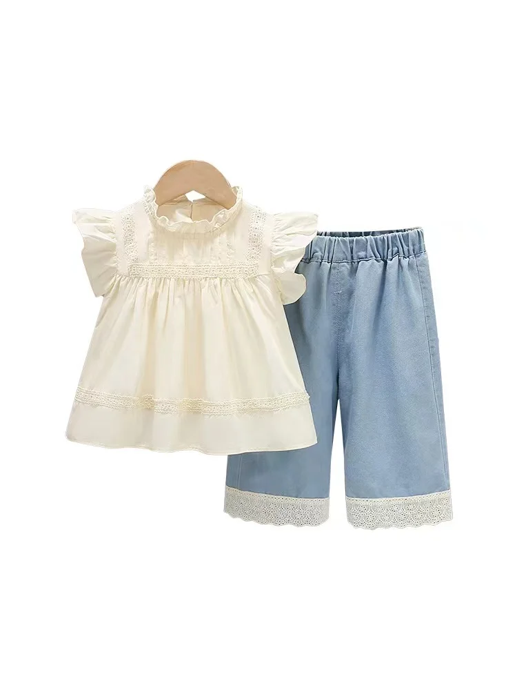 

WM52202 Summer new girls flying sleeve T-shirt + trousers suit casual fashion children's suit