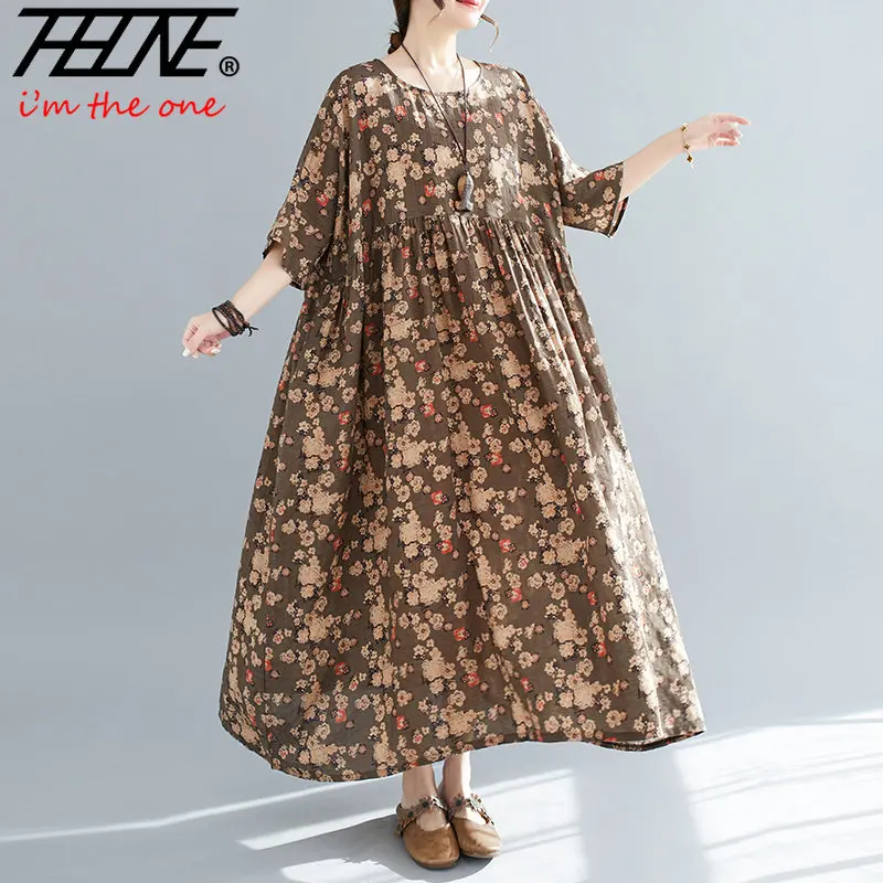 

Женское винтажное платье с цветочным принтом, свободное повседневное длинное хлопковое платье большого размера в пляжном стиле, в Корейском стиле, на лето