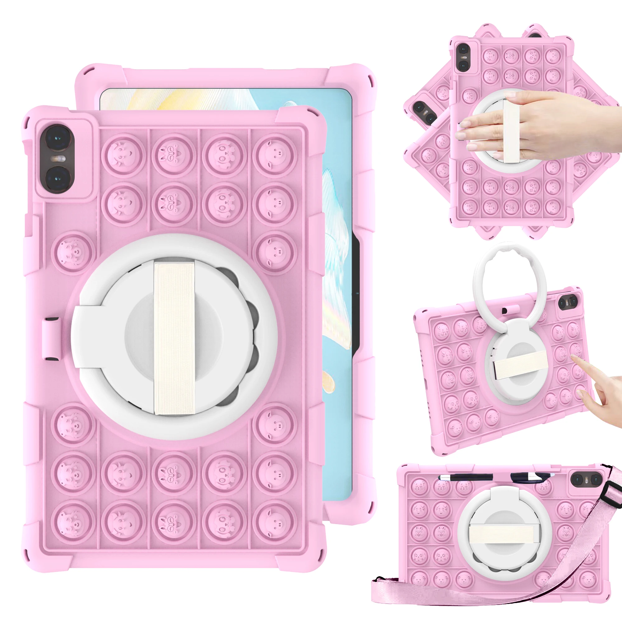 Kids Shockproof Silicone Cartoon Case with Decompression Bubbles, Shoulder Strap & Pen Holder
