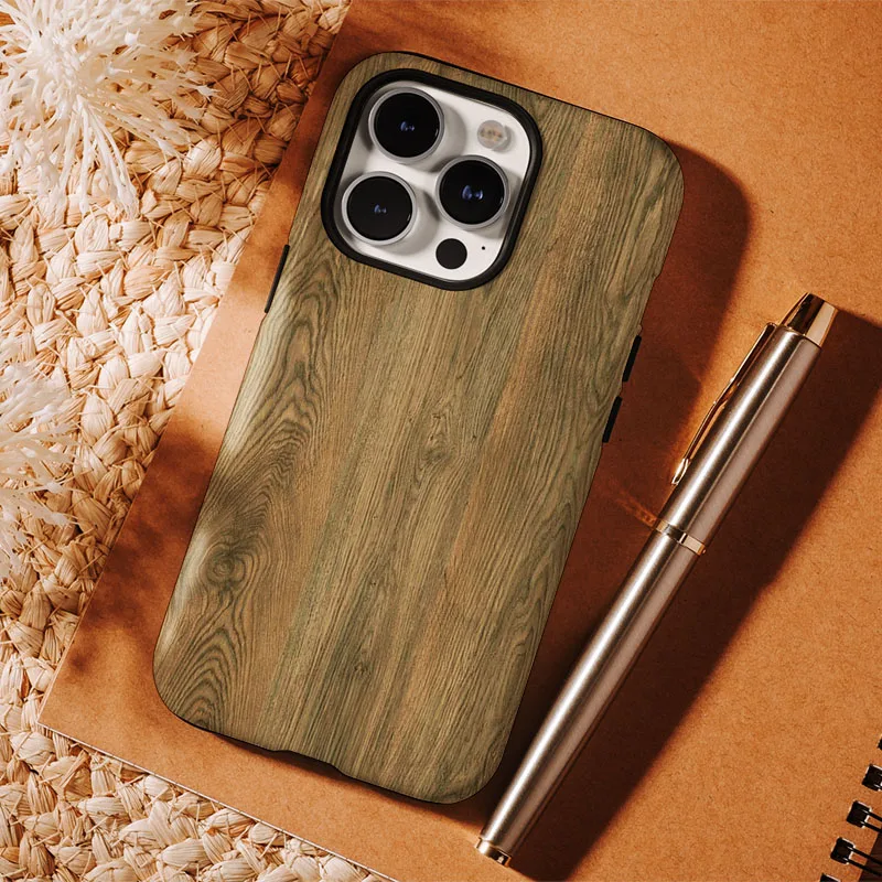 Wood Grain Pattern Shockproof Phone Case with 2-in-1 Film Shell Cover