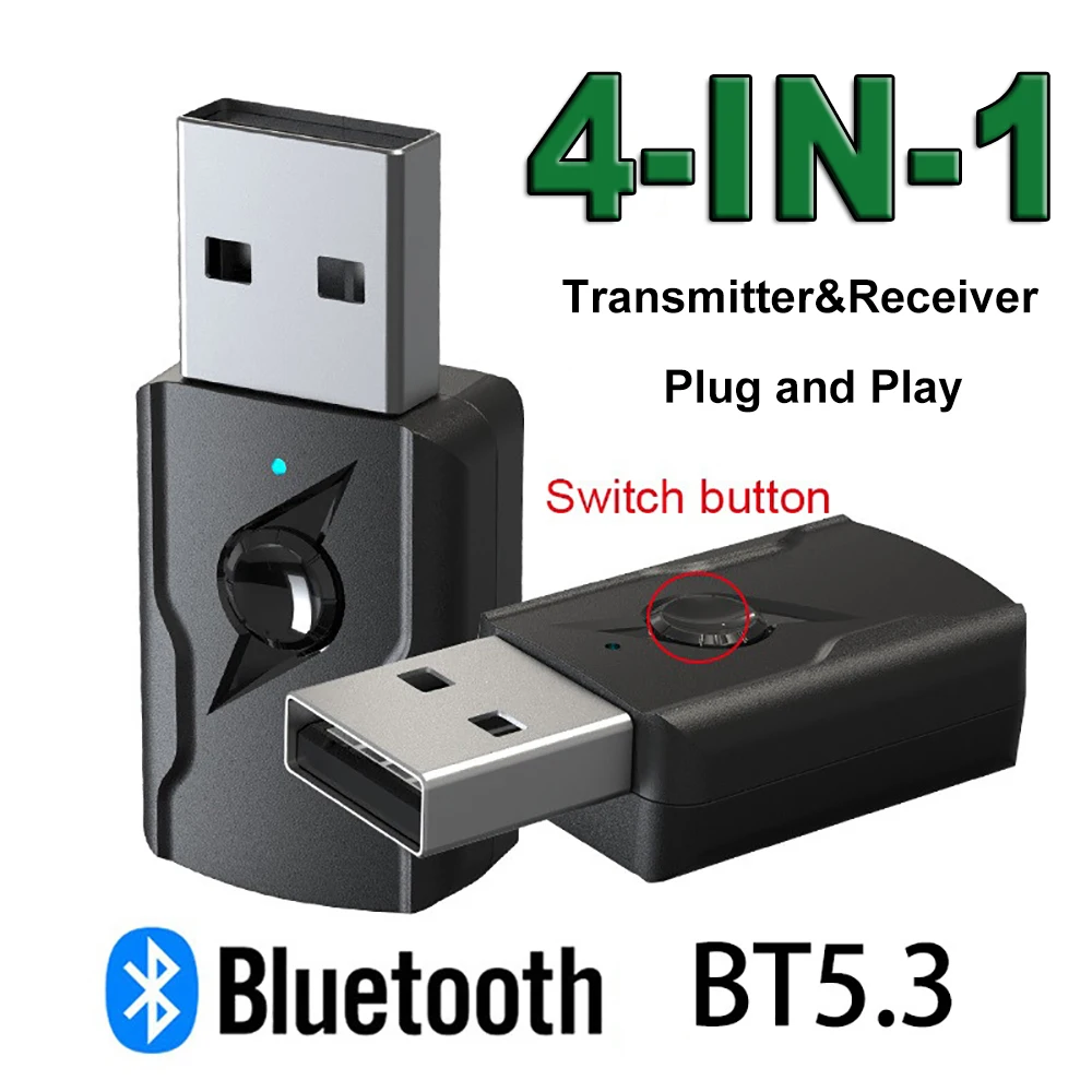 

4 IN 1 USB Bluetooth 5.3 Adapter Wireless Bluetooth 5.3 Dongle Adapter for PC Laptop Wireless Speaker Audio Receiver Transmitter