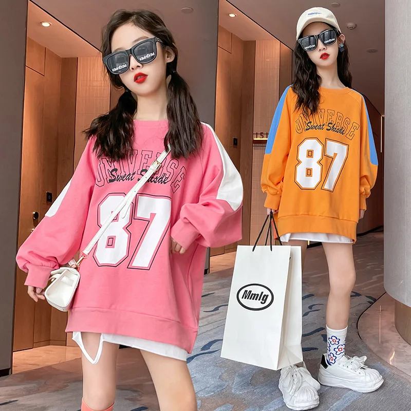 

Cotton Long Teenage Girls Spring and Autumn Fashion Cute Sweater 2023 New Bottoming Shirt Loose O-Neck Top Children Blouses