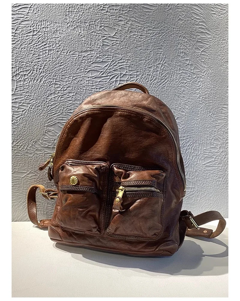 PNDME Vintage hochwertige echtes Leder Herren Damen Rucksack Designer Luxus handgemachte weiche echte Rindsleder Reise Schultasche – Detail 7