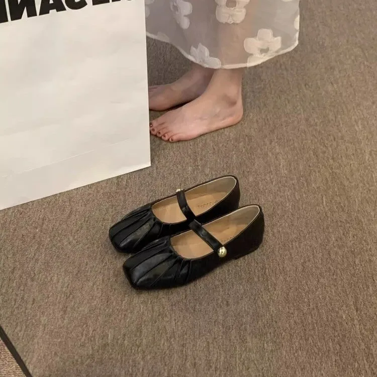 Simple Gentle Style Flat Heel Low Heel Pleated Mary Jane Single Shoes Spring Autumn  Flat Buckle Granny Shoes