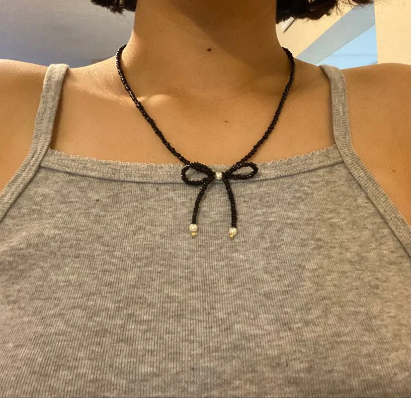 Black Bow Beaded Necklace Daily Jewelry Women