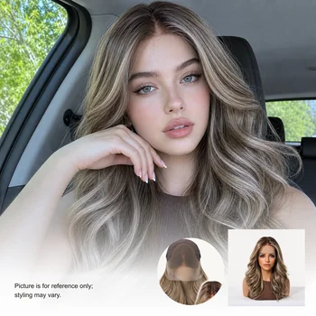 Parrucca Sintetica con Frontale in Pizzo 13x6, Colore Taupe Freddo con Riflessi Mocha, Lunga a Strati con Onde Morbide, Resistente al Calore, Senza Colla, per Donne