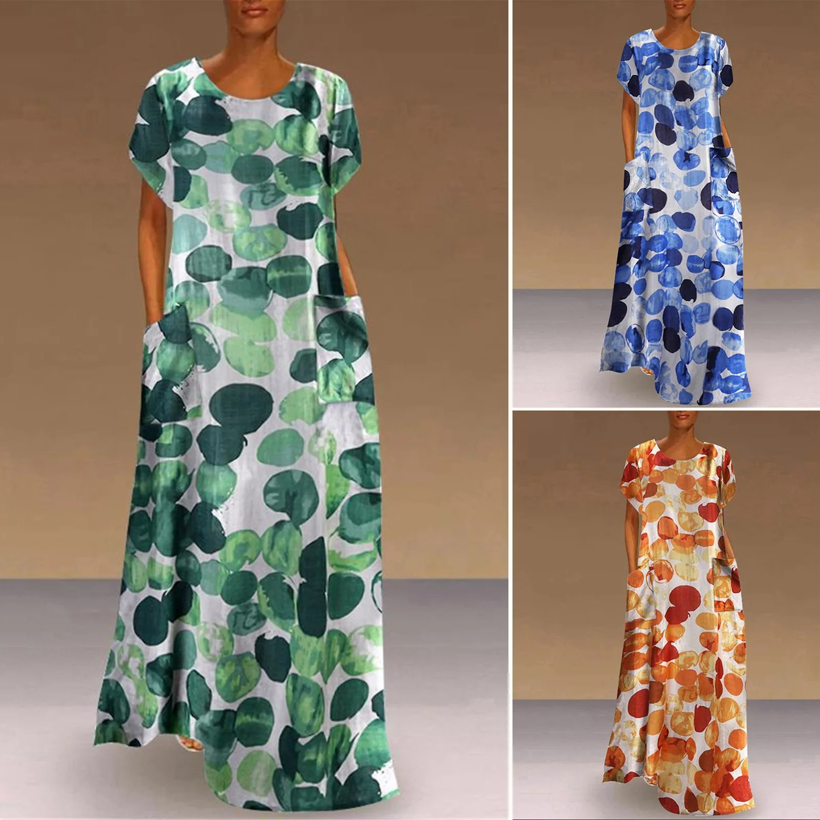 

Women's Full Skirt Printed Long Skirt Floral Round Neck Short Sleeve Pocket Dress