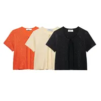 Zevity Women Fashion O Neck Short Sleeve Sequined Design Knitted Sweater Female Chic Open Stitching Crop Coats Chic Tops CT9378