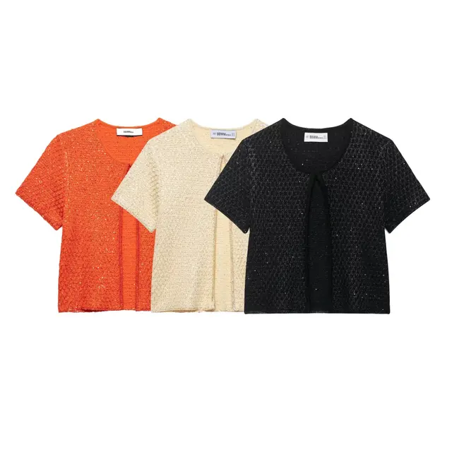 Zevity Women Fashion O Neck Short Sleeve Sequined Design Knitted Sweater Female Chic Open Stitching Crop Coats Chic Tops CT9378