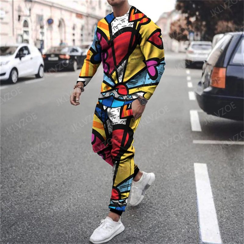 Men Casual Tracksuit For Male Sport Two Piece Trendy 3D Print Vintage Outfit Long Sleeve Shirt Trousers Sets Pants Suit Clothes