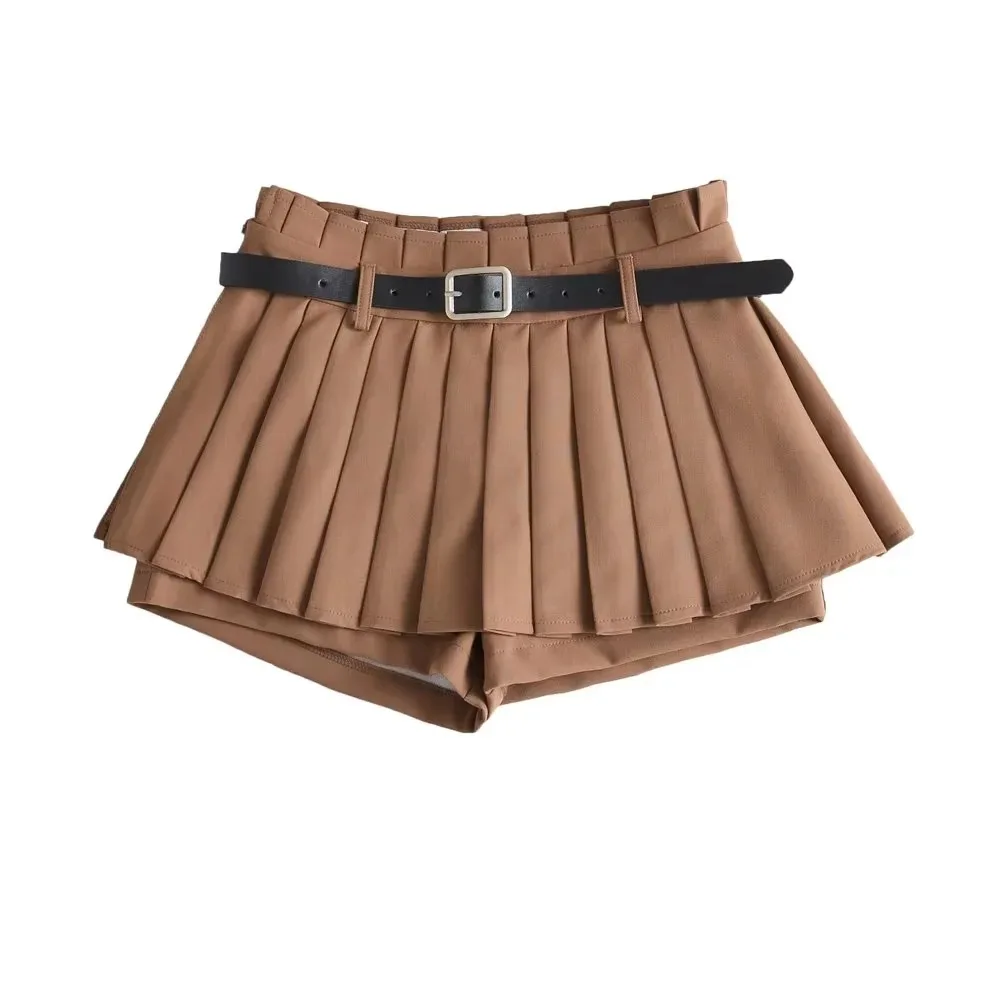 Low Waist Slim Mini Pleated Skirt For Women 2025 Summer Casual Black Belt Skirts Babes Fashionable Solid Une Jupe Ligne