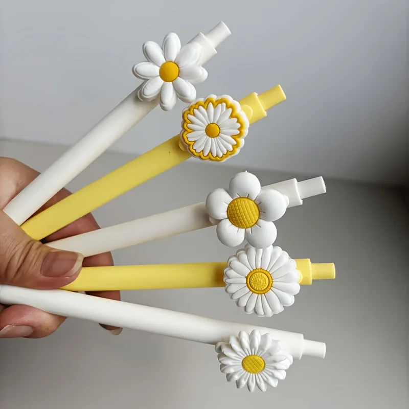 5 penne a sfera a tema girasole bianco, stagione di ritorno a scuola, adatte per la scuola, l'ufficio, inchiostro nero, scrittura fluida. - immagine 3