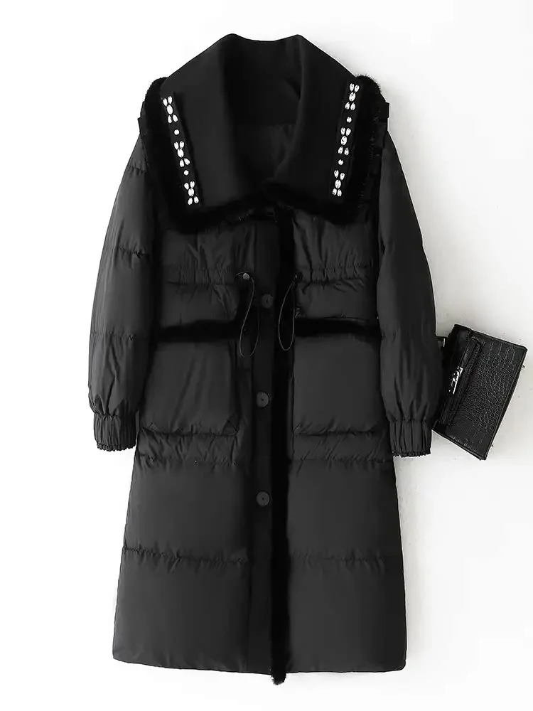 Real Mink Fur Down Jacket for Women Winter 2024 New Chic Navy-collar High Quality Warm Long White Duck Down Coat
