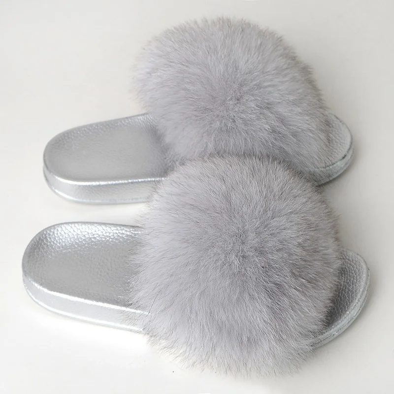 Lady Vintage Fox Fur Slippers Woman Summer Raccoon Hair Home Outdoor Plus Fur Hair Shoes,Pink Rabbit Fur,6.5