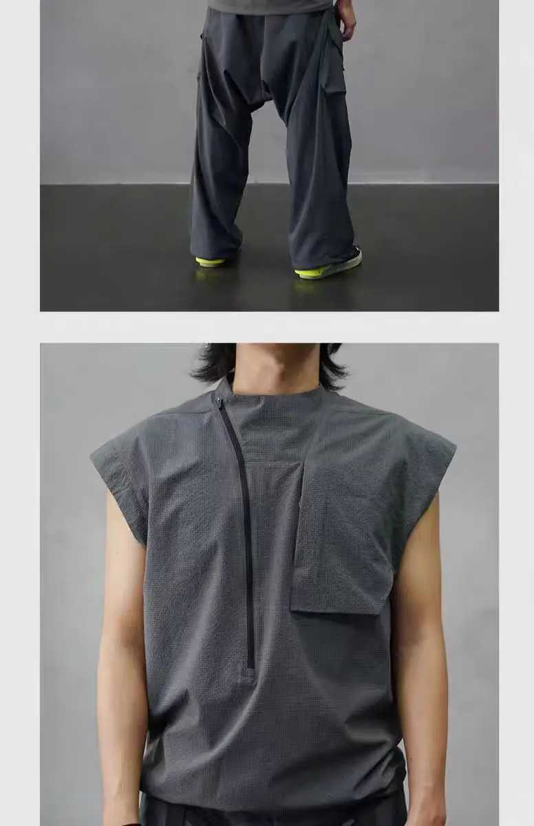 Nosucism 24ss Diagonal zippered chest pocket sleeveless dark gray tank top vest textured fabric techwear dystopian
