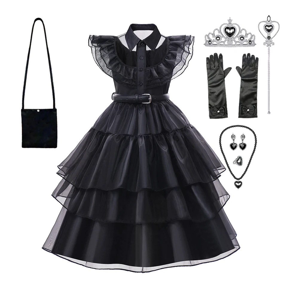 

Halloween Wednesday Addams Costumes Girls Birthday Princess Costume Black Fancy Carnival Wednesday Cosplay Dresses for Kids