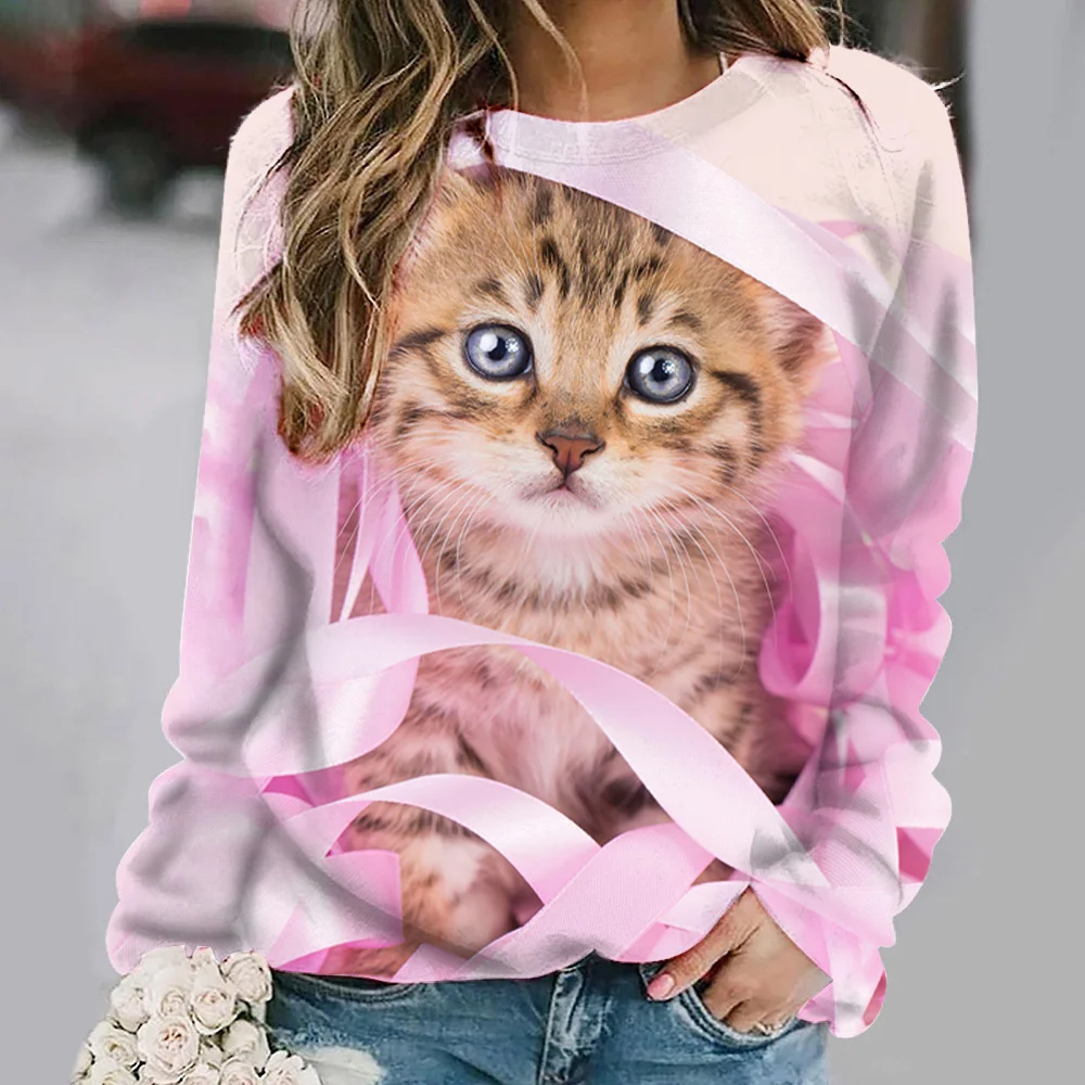 Imitation Cotton Women T Shirt 3d Cats Print Clothing Fashion Long Sleeve Tops Oversized O Neck