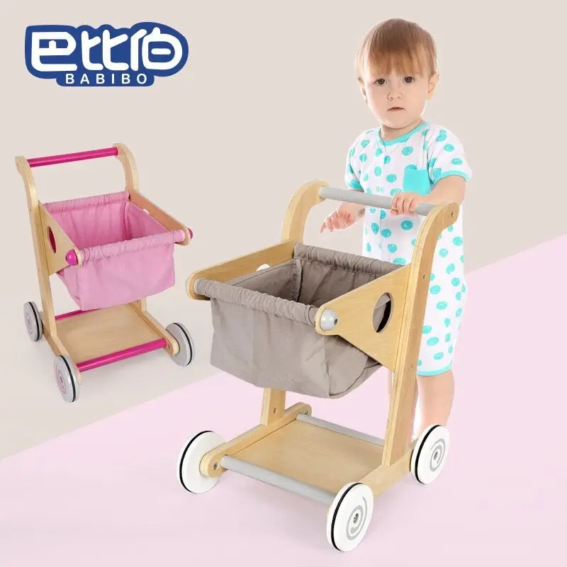 Children's Simulation Shopping Cart Toys Girls Girls Supermarket Cart Home Baby Kitchen Toys Wooden Toddler Stroller 2