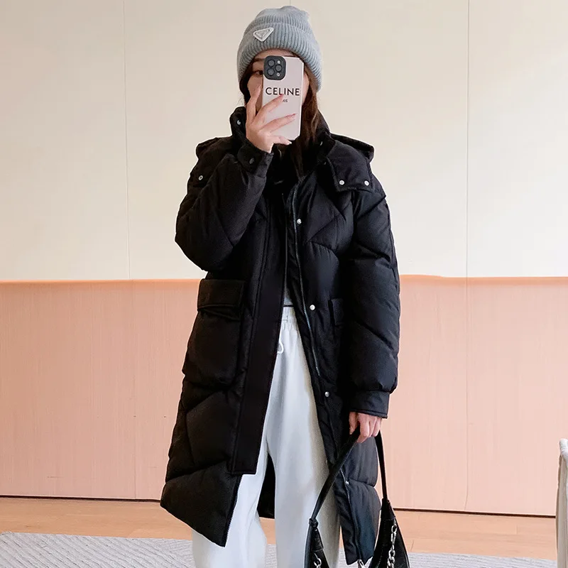 Big Pocket Winter Coat Women Hooded Long Parka Long Sleeve Down Cotton Jacket Korean Casual Loose Solid Outerwear Snowsuit