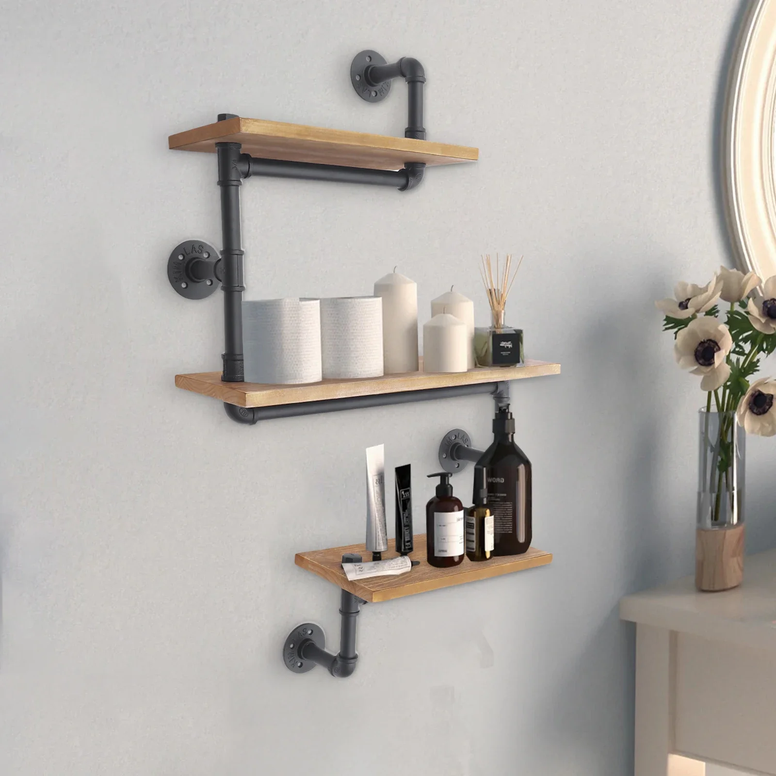 3-Shelves Vintage Industrial Pipe Wall Shelf Bracket Wooden Bookshelf Kitchen Shelf Brown Wall Mounted Pipe Design Bookcases