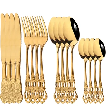 Set di posate da 16 pezzi stoviglie Vintage in acciaio inossidabile coltello da tavola forchetta cucchiaio da Dessert Set di stoviglie posate da cucina 1