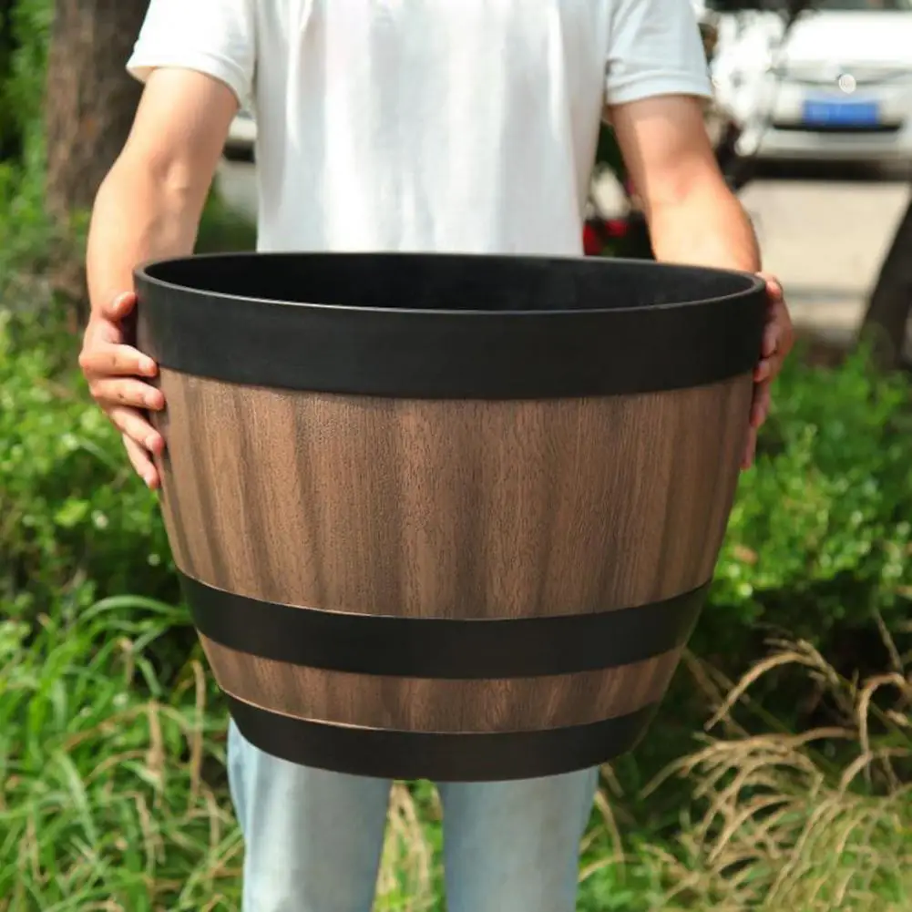 

Plant Pot Faux Whiskey Barrel Shape Home Decor Plastic Indoor Outdoor Yard Patio Flowerpot for Garden Planting Basket Macetas