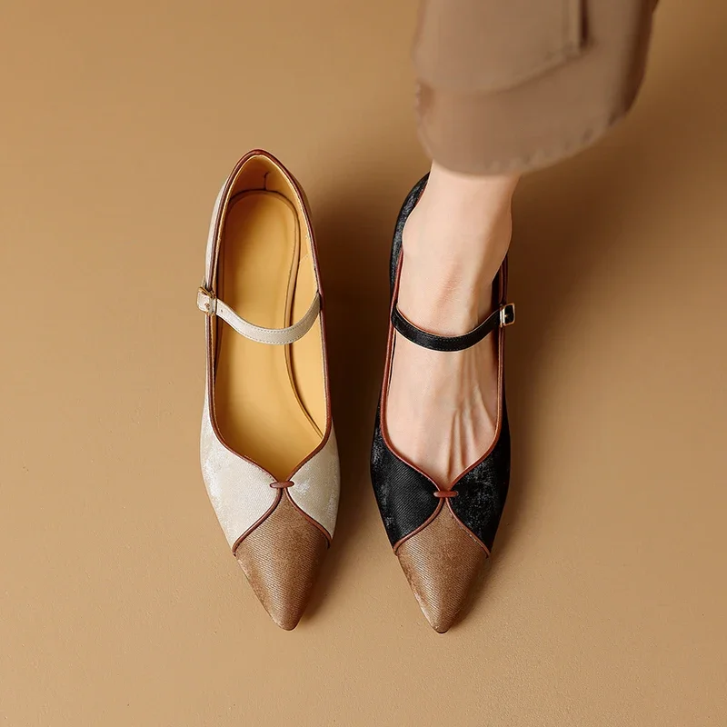 

2024 new spring women pumps natural leather shoes 22-24.5cm cowhide+sheepskin pointed toe mixed colors buckle Mary Jane shoes