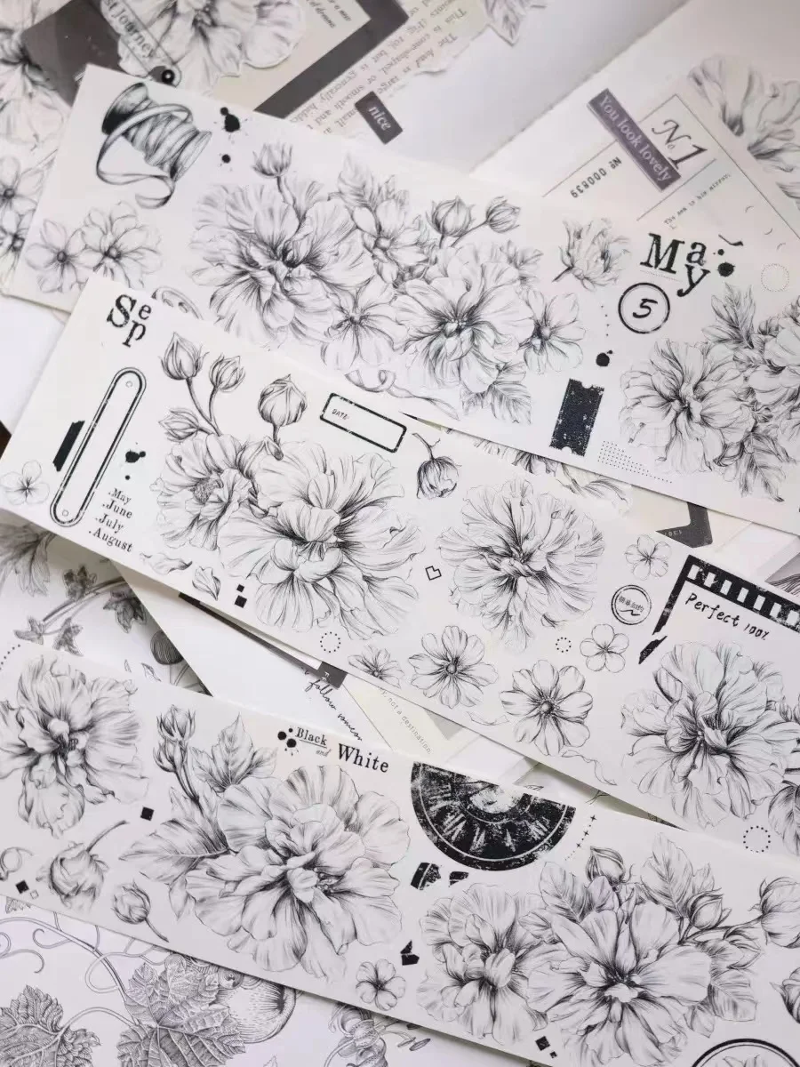 

Vintage Black White Flower Floral Washi PET Tape for Card Making DIY Scrapbooking Plan Decorative Sticker