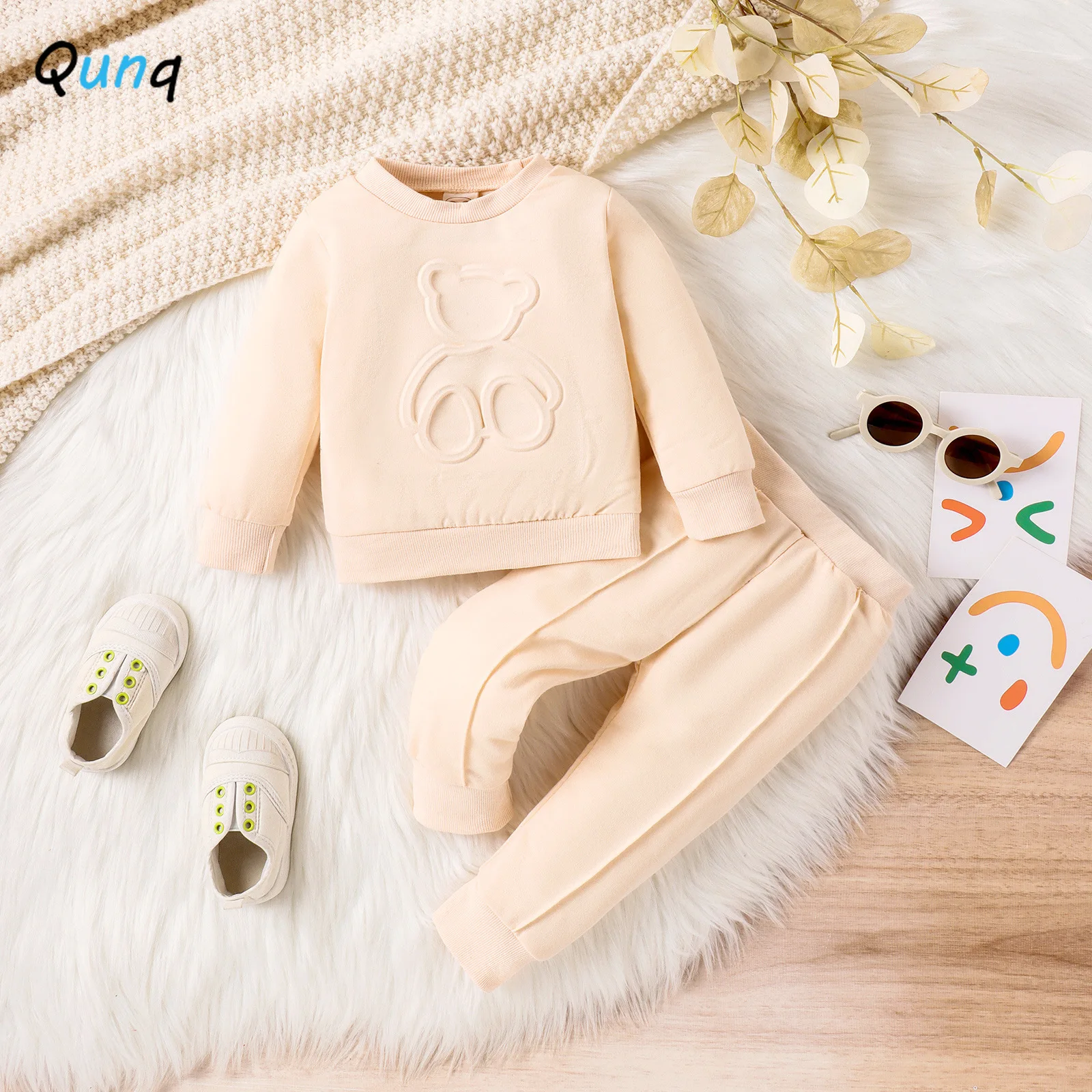 

Qunq 2023 Autumn Boys Girls Solid O Neck Print Pullover Top + Pleated Trousers 2 Pieces Set Sporty Casual Kids Clothes Age 3T-8T