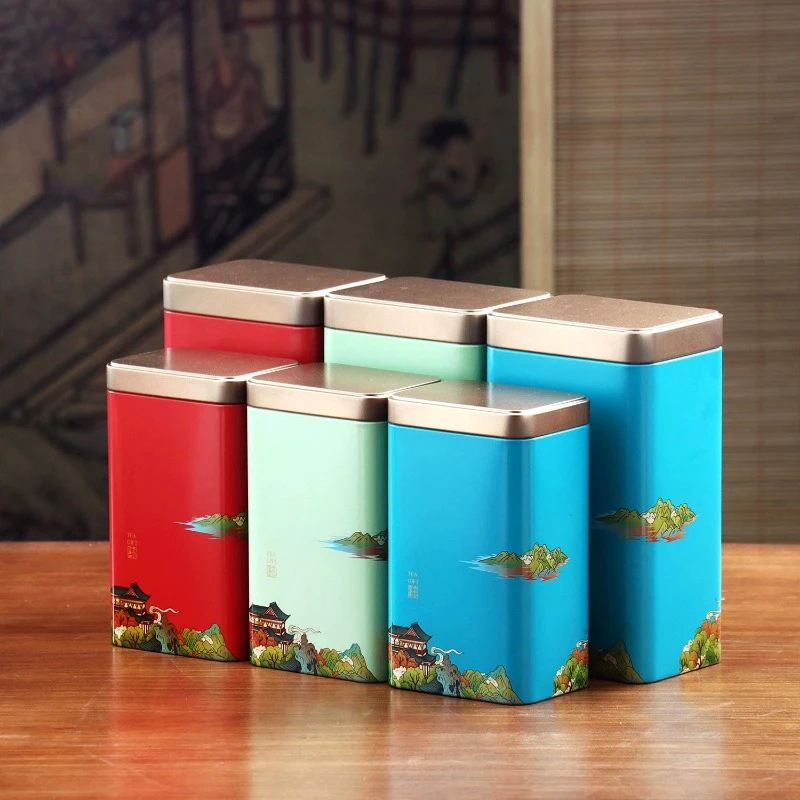 Tea Tin Square Portable Metal Tea Box Storage Sealed Pot Living Room Coffee Table Set tea tin box tea canister