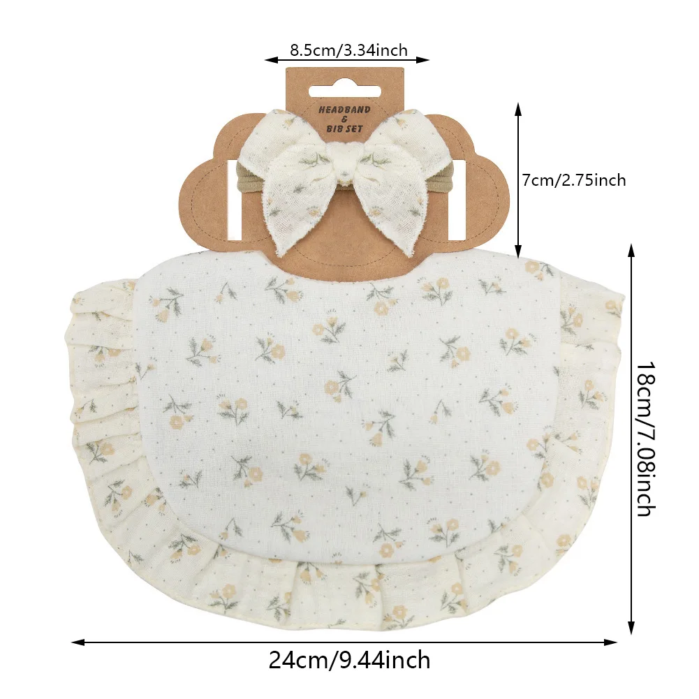 2Pcs/Set Ruffled Edge Muslin Cotton Baby Bibs Hair Bows Girls Headbands Flower Print Saliva Towel Feeding Burp Cloths Scarf 2