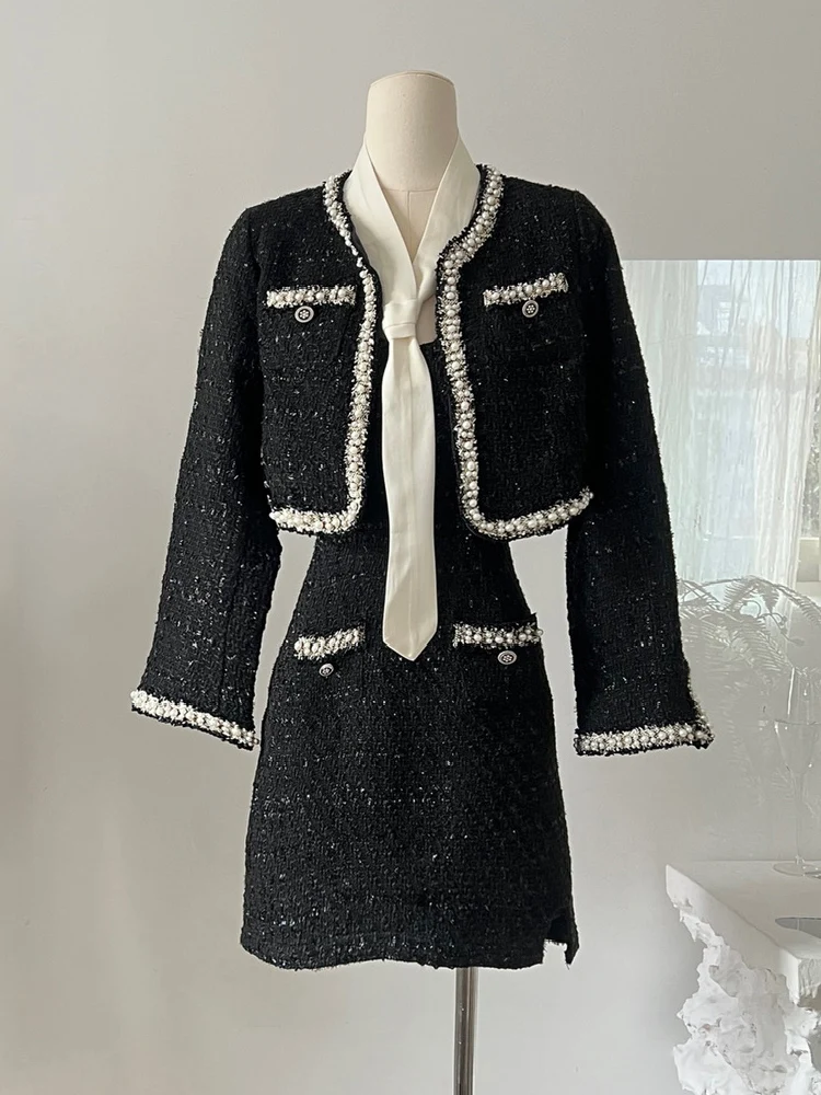 

Fall Small Fragrance Vintage Two Piece Set Women Crop Top Short Jacket Coat + suspenders Spaghrtti Strap Mini Dress Suits Sweet