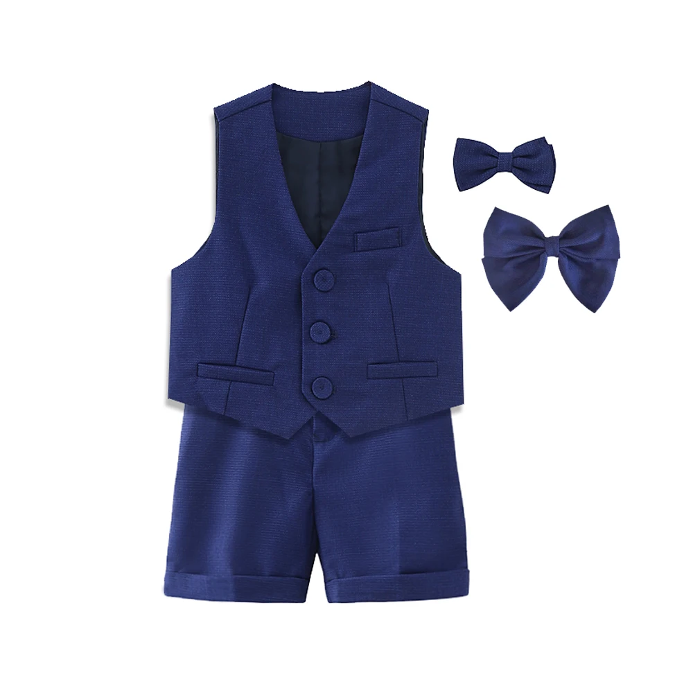CNbeiboom Boutique Boys Girls Clothes Set Formal Birthday Suit Kids Blue Vest Shirt Short Bowtie Wedding Dress Suit Costume boys suits