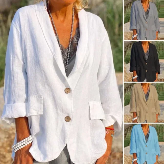 

Autumn and Winter New Women's Top Cotton and Linen Style Casual Loose Jacket Solid Buttons Colour Shirt Retro Casual Ladies Coat