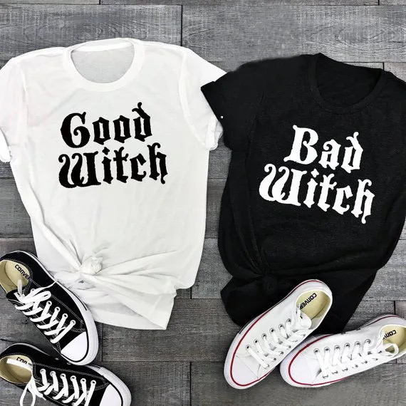 

Забавная рубашка на Хэллоуин, футболка с надписью «Good Witch Bad Witch», женская футболка с надписью «Best Friend» на Хэллоуин, топы со слоганом, с круглым вырезом, премиум