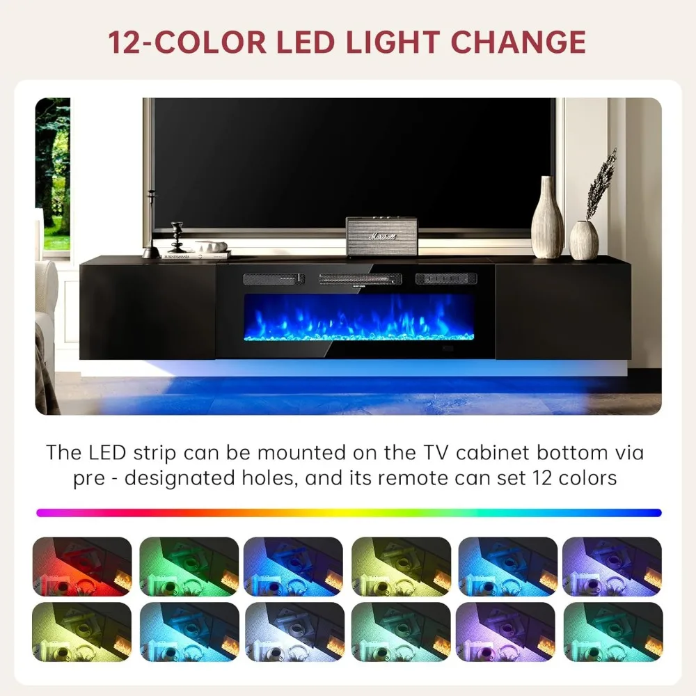 70" Floating Fireplace TV Stand, Wall Mounted Entertainment Center with 36" Electric Fireplace, Modern LED Light TV Console, Fl 5