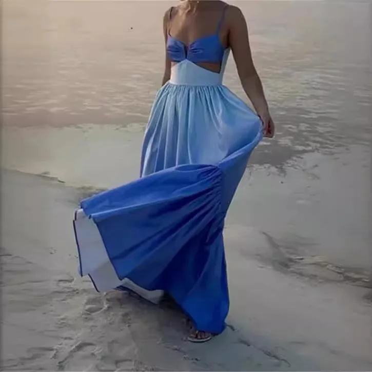 

2024 Summer New Blue Pleated Women Long Dress Fashion Gradient V-neck Female Vestidos Sexy Open Back Suspended Dresses