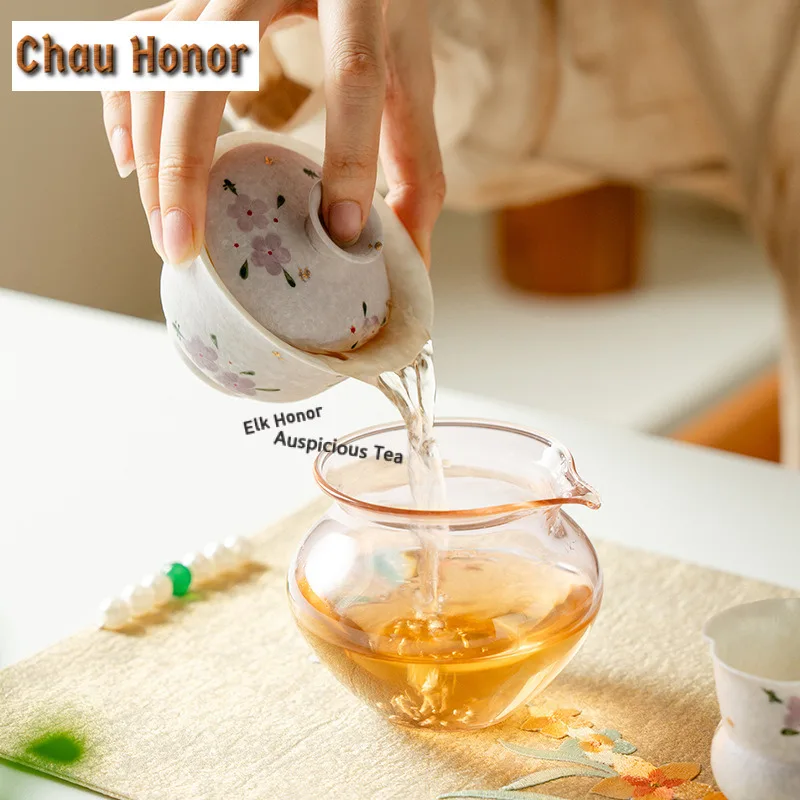 Hand-painted Cherry Blossoms Gaiwan Zen Not Hot Tea Tureen Tea Bowl With Lid Kit Tea Brewing Cover Bowl Tea Ceremony Collection