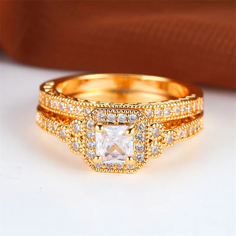 Luxury Female Crystal Purple Zircon Stone Engagement Ring Set Cute Wedding Jewelry For Women