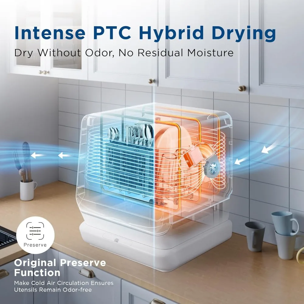 Portable Countertop Dishwasher, 7L Detachable Water Tank, 6 Programs,No Hookup Needed, 192℉ HI-Temp Hygiene, Hybrid Drying 4
