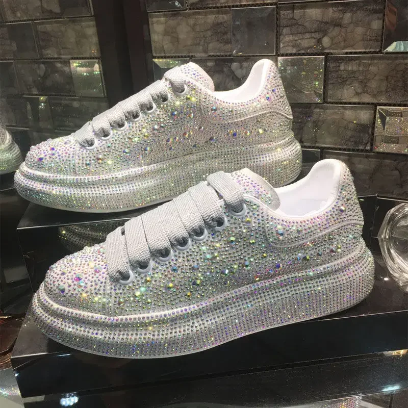 

Spring Autumn New White Silver Women Shoes Rhinestones Platform Thick-soled Shoes Shining Crystal Sneakers Trend Casual Sneakers