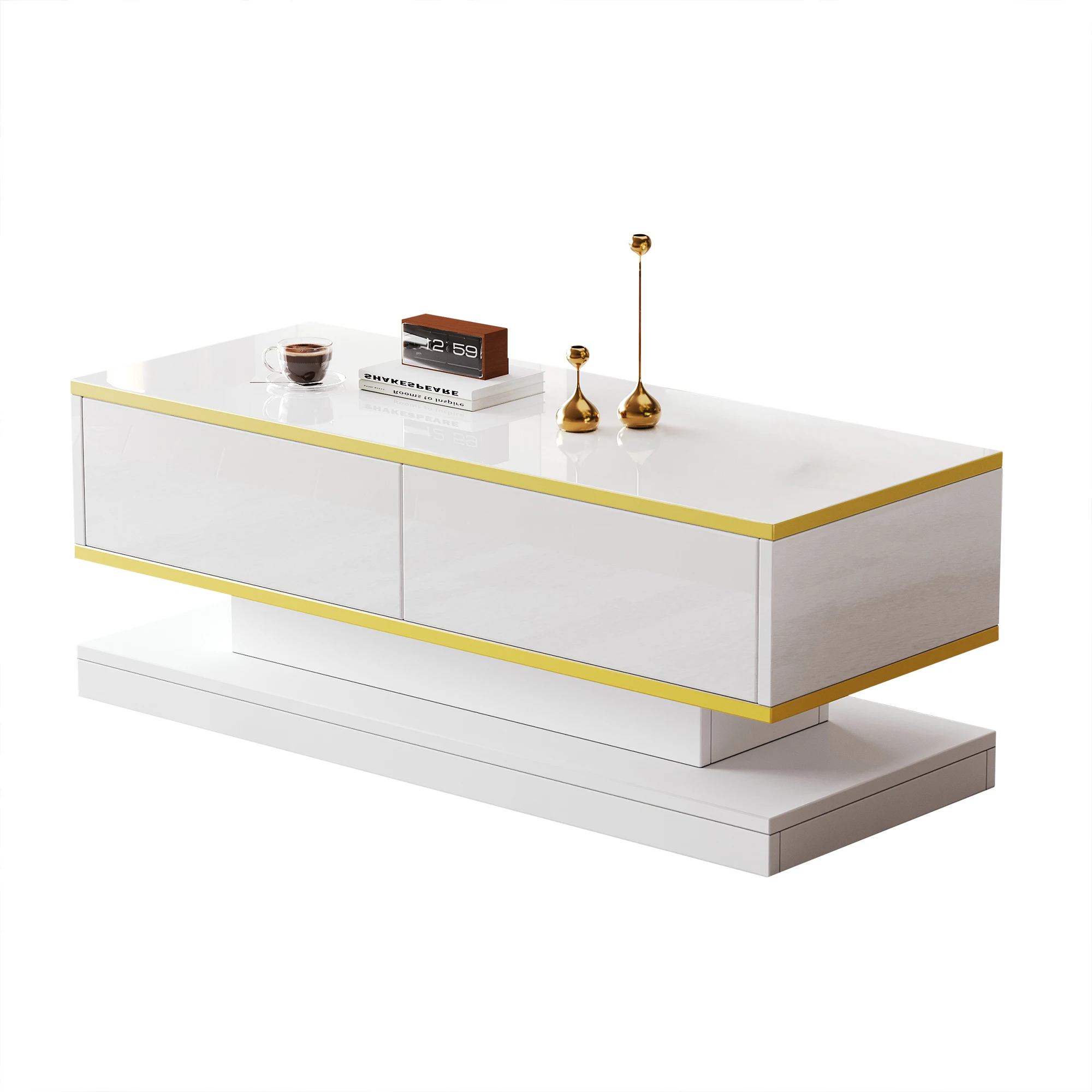 KOMHTOM Hochglanz-Couchtisch - mit 2 großen Schubladen, warmweiß + goldener Rand – Detail 5