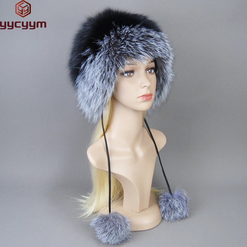 

2024 Hot Sale Women Natural Fur Russian Ushanka Hats Winter Thick Warm 100% Real Fox Fur Hat Ears Fashion Bomber Hat