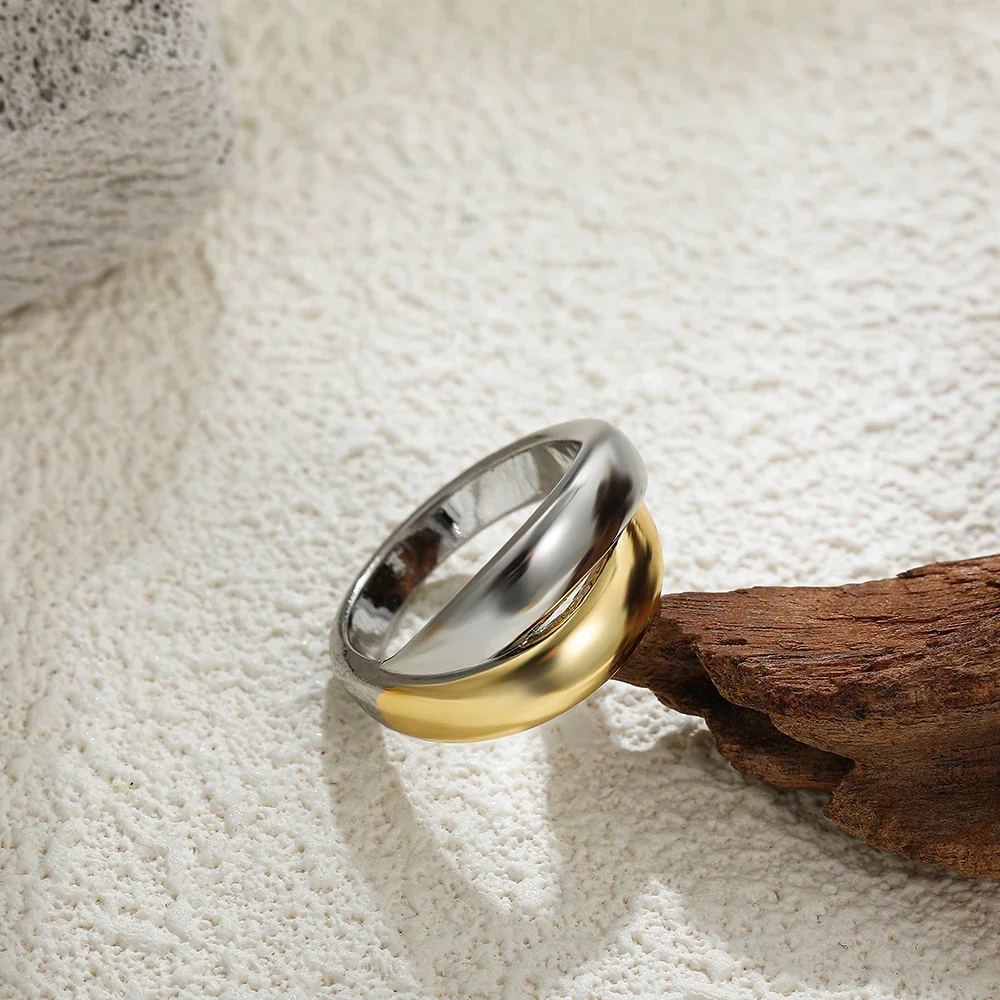 Punk Gold&silver Mix Color Finger Ring Stainless Steel Polished PVD Waterproof Simple Double Circle Rings Wedding Jewelry Bijoux