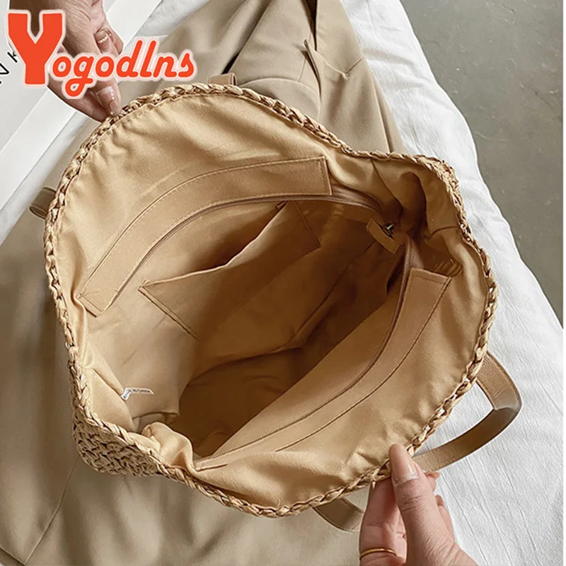 Yogodlns Summer Round Straw Bag For Women Hollow Woven Travel Beach Bag Large Capacity Shoulder Bag Casual Shopping Handbag Tote
